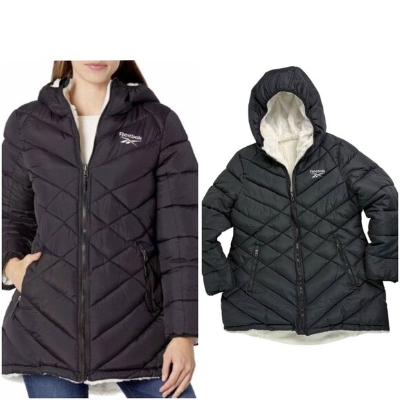Reebok Women’s Reversible Hooded Puffer Jacket Black / White Faux Fur Size L - Picture 1 of 14